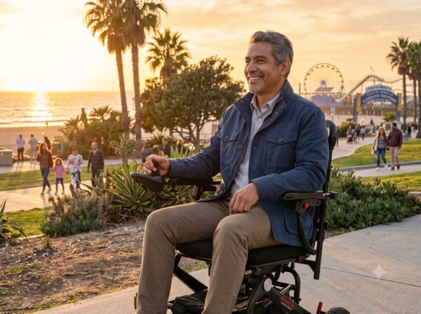 Man using the electric power wheelchair through Santa Monica