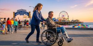 A smiling woman pushes a man in a wheelchair along a sunny beachfront boardwalk with a ferris wheel in the background at Santa Monica Pier.
