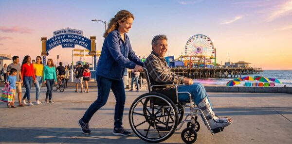 A smiling woman pushes a man in a wheelchair along a sunny beachfront boardwalk with a ferris wheel in the background at Santa Monica Pier.