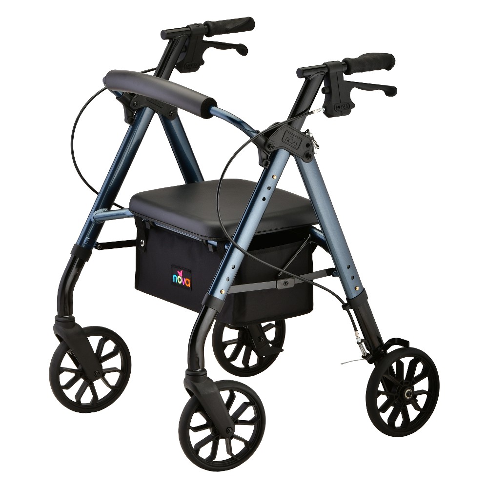 star 8 rollator Four-wold rollator with blue frame, padded seat, and a black storage bag beneath the seat; hand brakes and small front wheels visible.