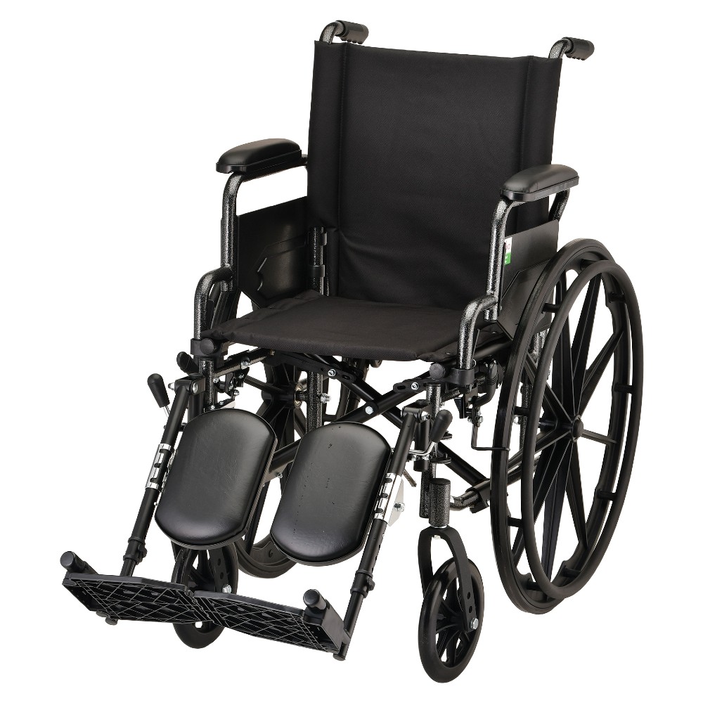 Standard manual wheelchair with black fabric seat and large rear wheels viewed from the front/side.