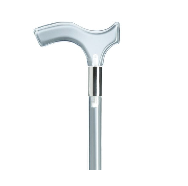 Silver walking cane with a curved ergonomic handle and an adjustable metal shaft