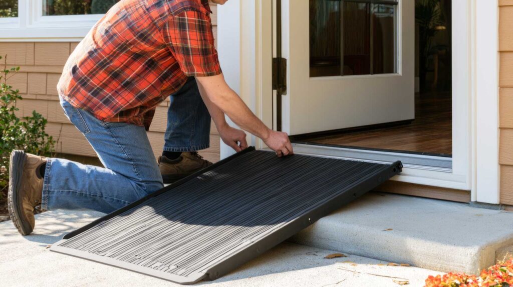 Man installing portable wheelchair threshold ramp at home entrance