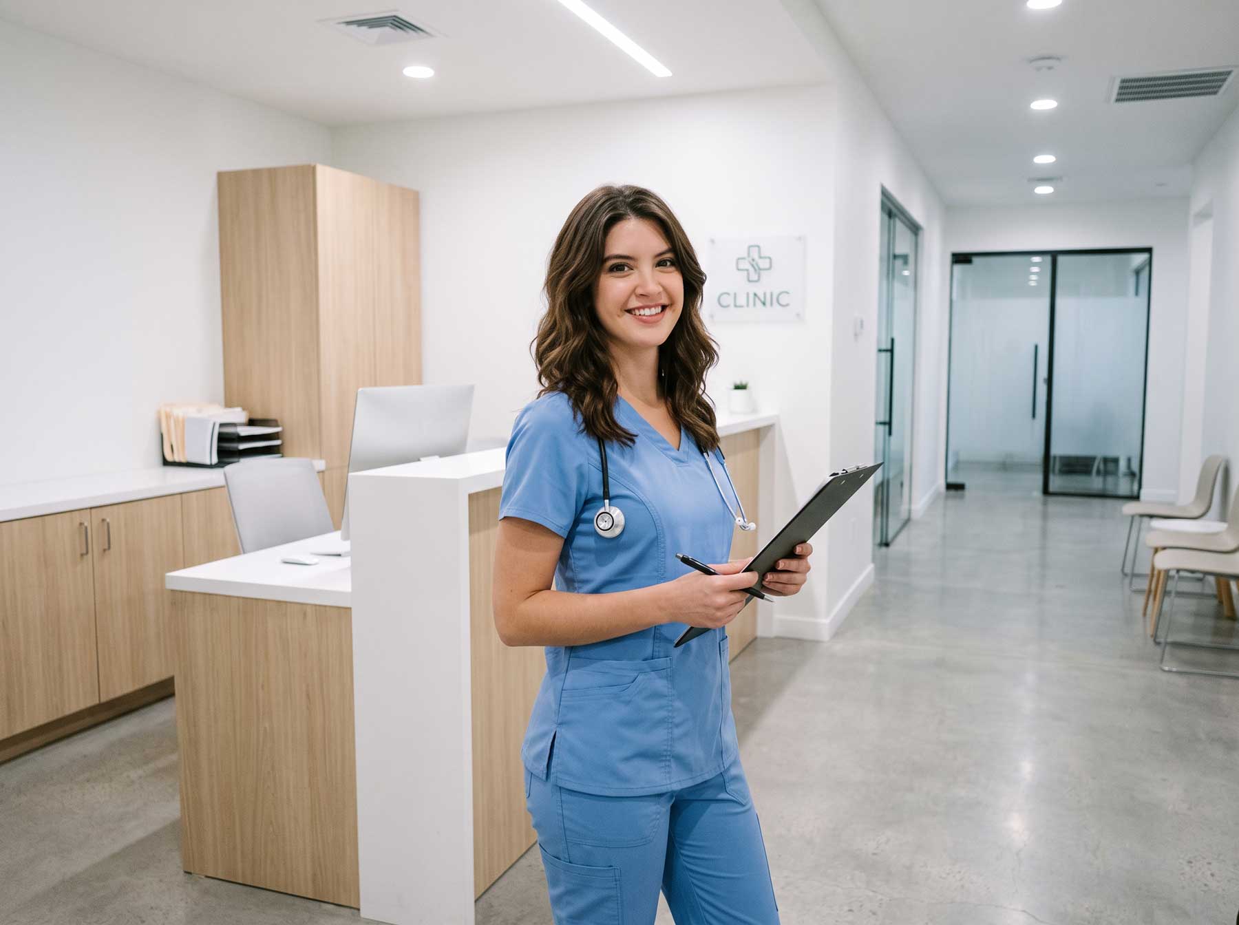 A young lady wearing scrubs in a doctor's office