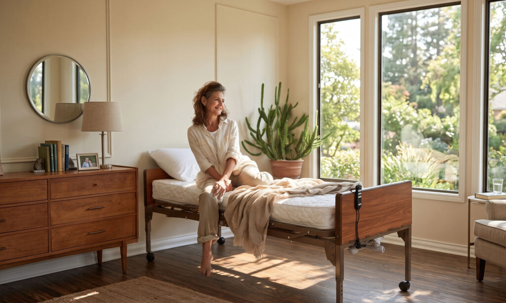 Hospital Bed Elderly woman comfortably sitting on a home hospital bed in Los Angeles
