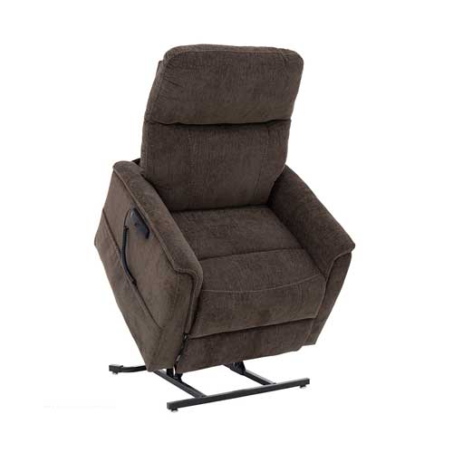 Brown upholstered power lift recliner with a side pocket and metal base on a lift mechanism.