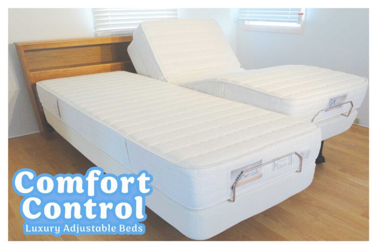 comfort-control-bed White luxury adjustable bed with head and foot sections raised in a bright bedroom; text overlay reads 'Comfort Control' in blue and 'Luxu ry Adjustable Beds' partly visible, plus a wooden headboard.