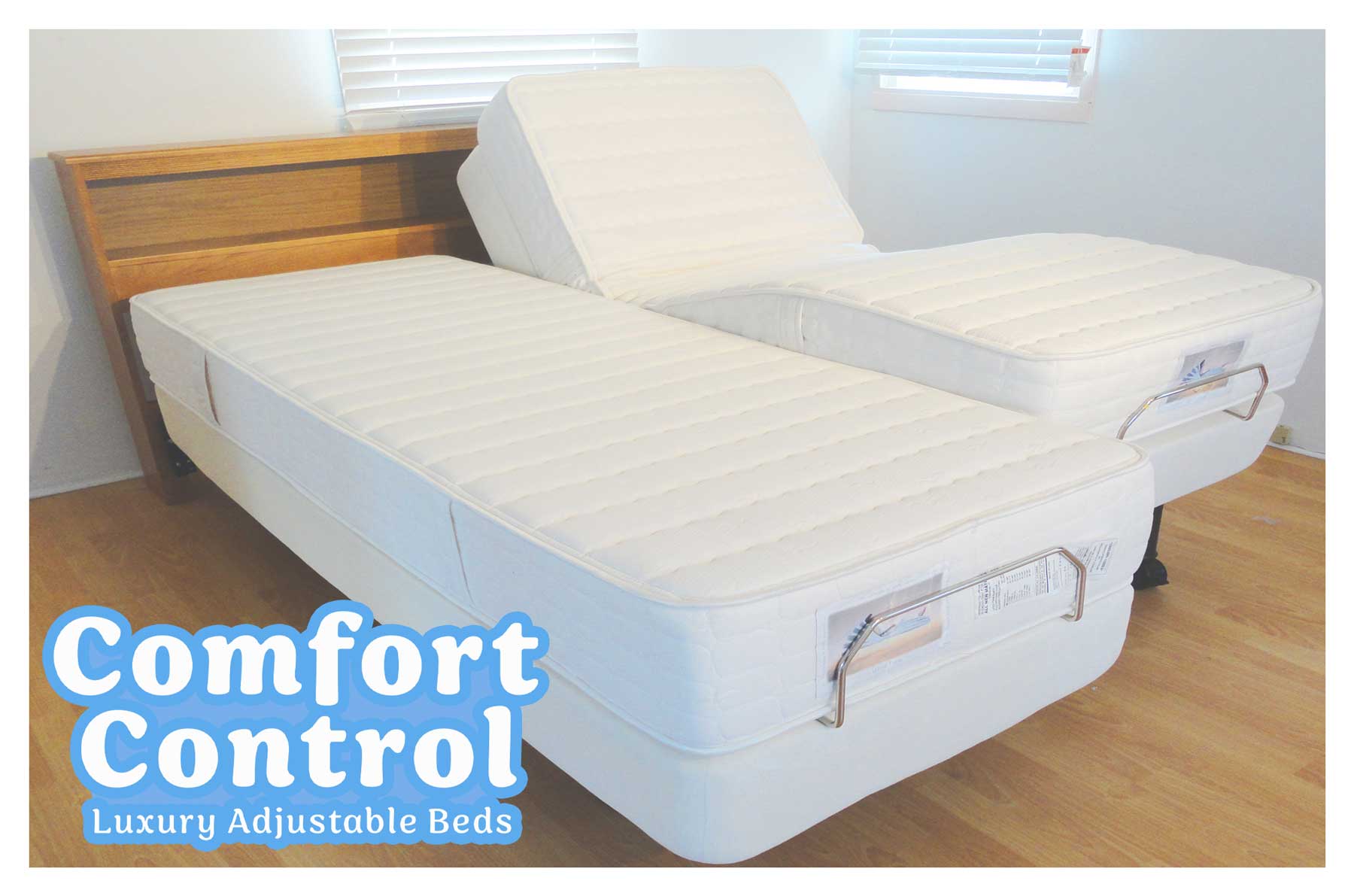 White luxury adjustable bed with head and foot sections raised in a bright bedroom; text overlay reads 'Comfort Control' in blue and 'Luxu ry Adjustable Beds' partly visible, plus a wooden headboard.
