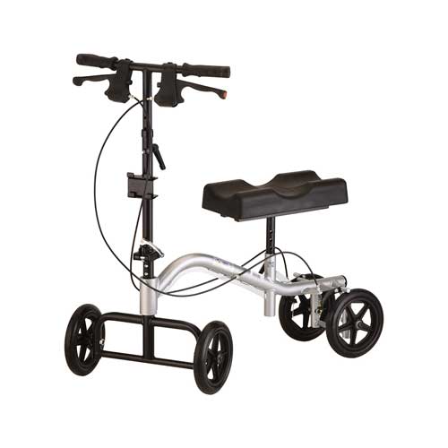 Four-wheeled rollator with a padded seat and handlebar-style grips, designed for mobility assistance.