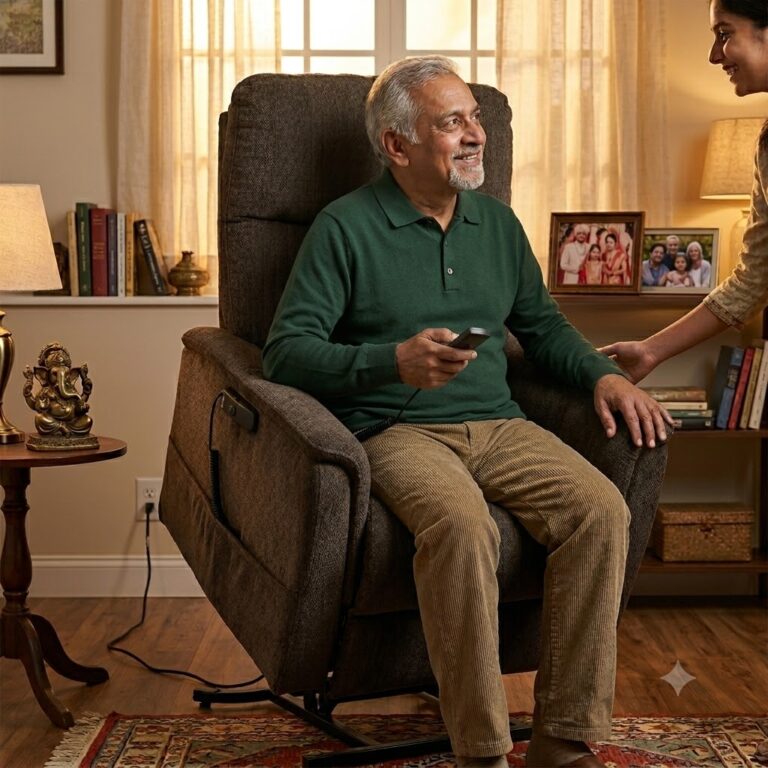 elderly man sitting in a lift/recliner chair