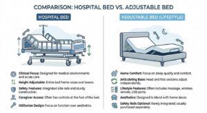Comparison graphic showing a hospital bed with height adjustment, side rails, and caregiver controls beside a lifestyle adjustable bed with an articulating base, massage, and home-decor styling