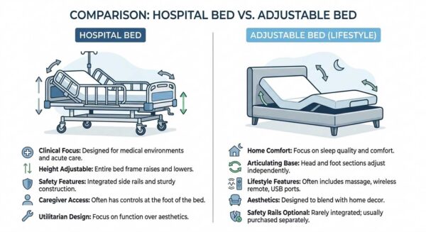 Comparison graphic showing a hospital bed with height adjustment, side rails, and caregiver controls beside a lifestyle adjustable bed with an articulating base, massage, and home-decor styling