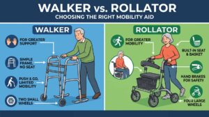 Walker vs. rollator comparison showing a standard walker with two wheels and no seat beside a four-wheel rollator with a built-in seat, hand brakes, and storage basket