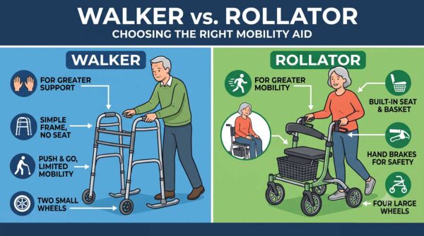 Walker vs. rollator comparison showing a standard walker with two wheels and no seat beside a four-wheel rollator with a built-in seat, hand brakes, and storage basket