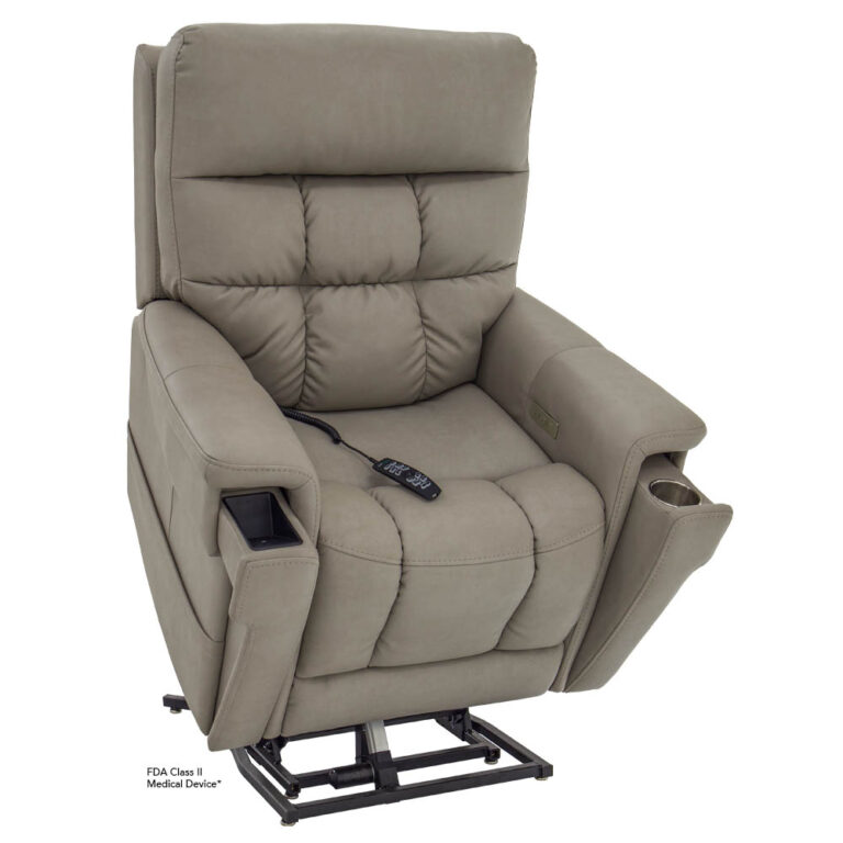 Beige upholstered power lift recliner with remote resting on the seat, cup holder on the right arm, and a side storage pocket.