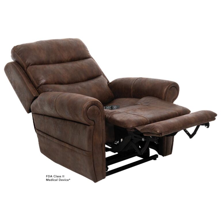 Brown leather recliner chair with an extended footrest on a white background.
