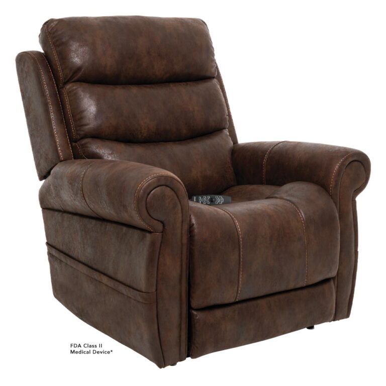Brown leather recliner chair with a handheld remote resting on the armrest; appears cushioned and comfortable.