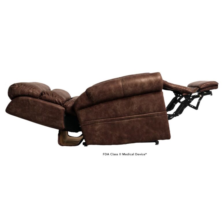 Brown leather reclining massage chair fully extended, with FDA Class II Medical Device label visible beneath it.