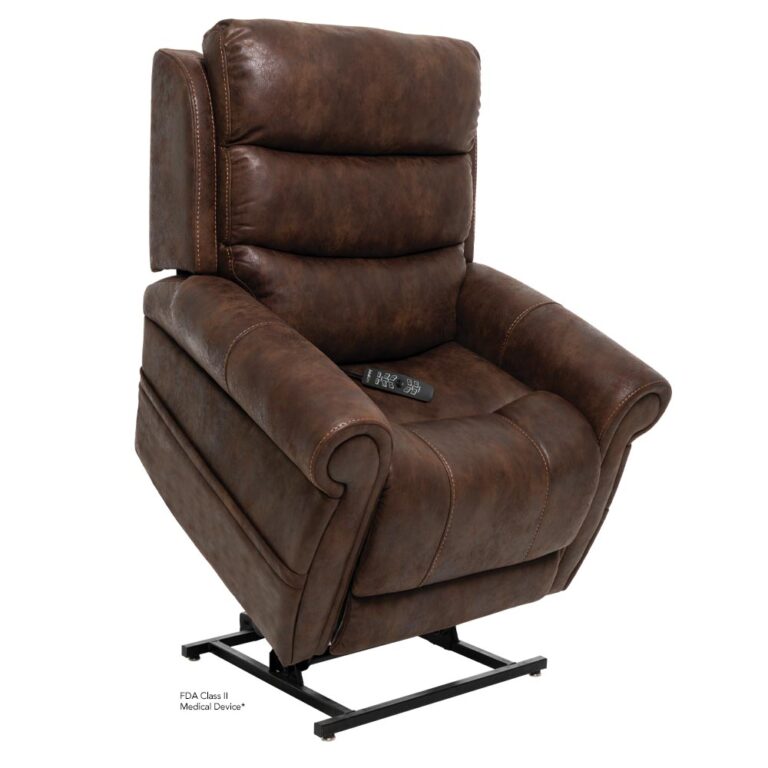lift chair Brown leather recliner chair with a metal base, remote resting on the seat.