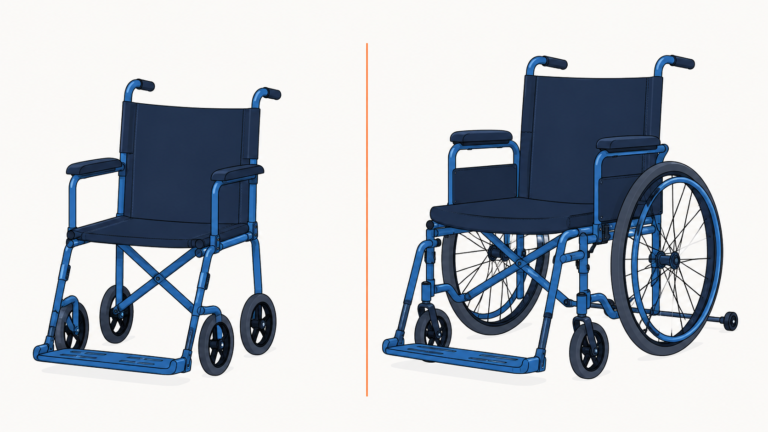 Two blue wheelchairs shown side by side (left: transport model; right: larger standard model) separated by an orange divider, illustrating different wheelchair designs.
